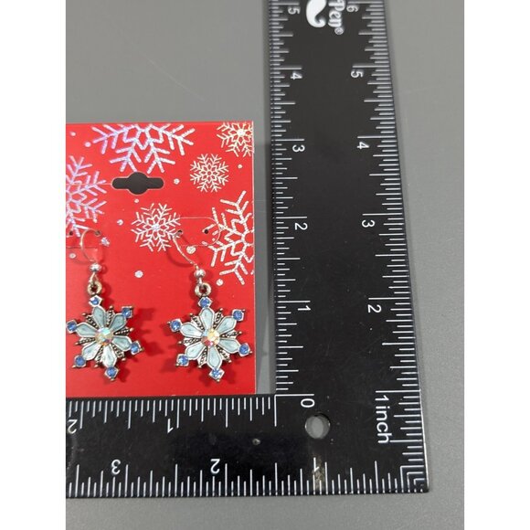 Christmas Winter Snowflake Earrings Blue Aurora Borealis Crystal Dangle Drop - Picture 8 of 8